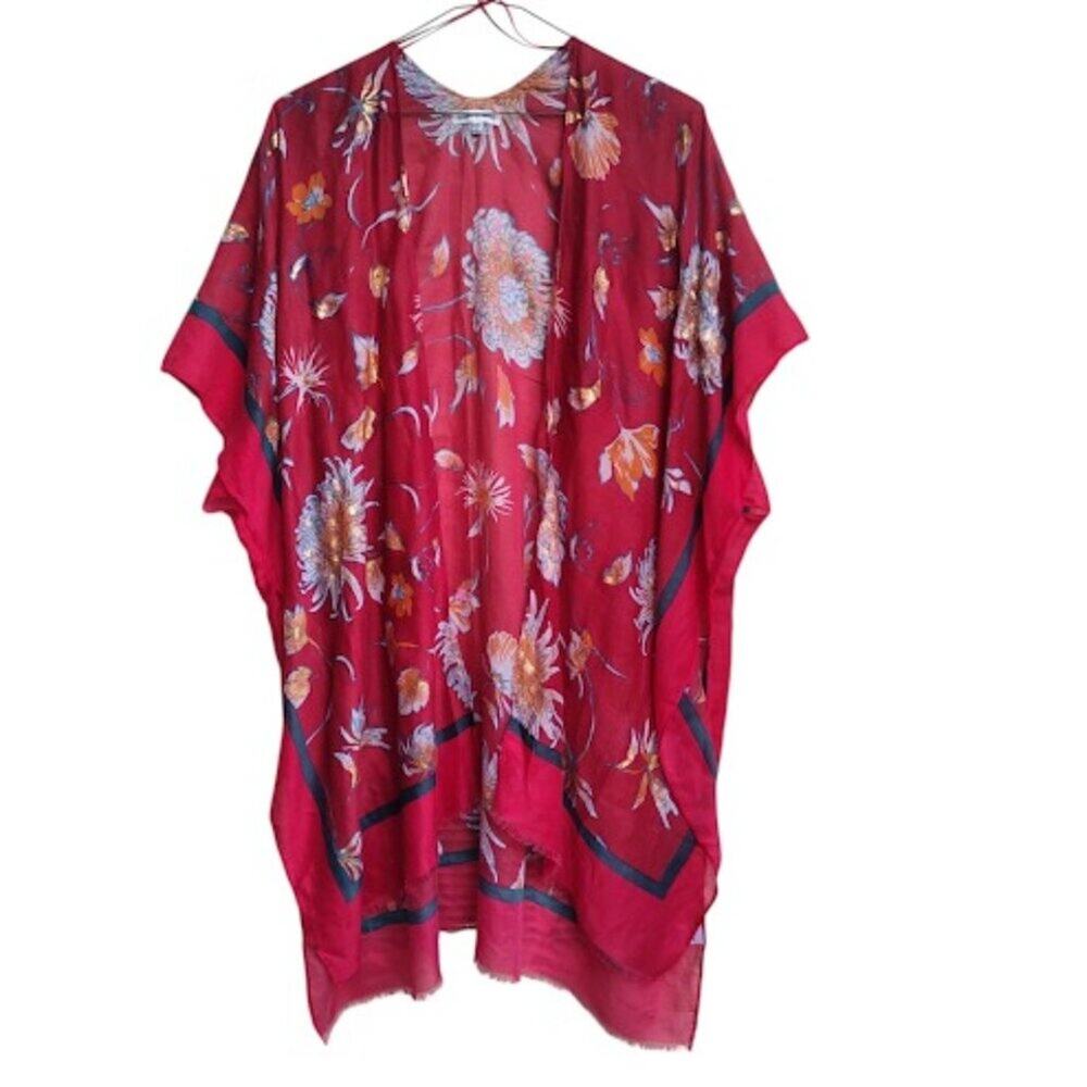 WOVEN HEART | Red Floral Semi Sheer Open Front Kimono Beach Swim Coverup Boho OS